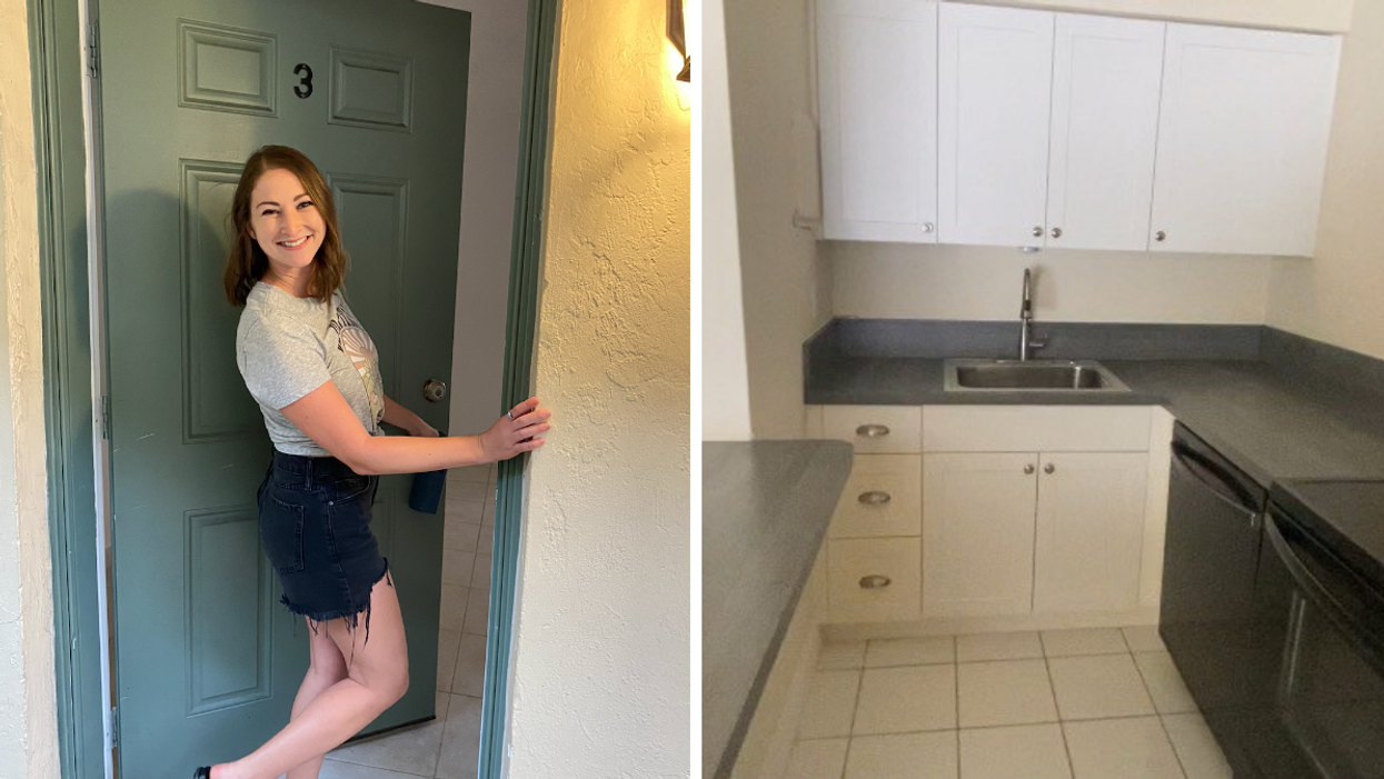 Associate Editor, Jenna Kelley, walking into an apartment. Right: The inside of an apartment.