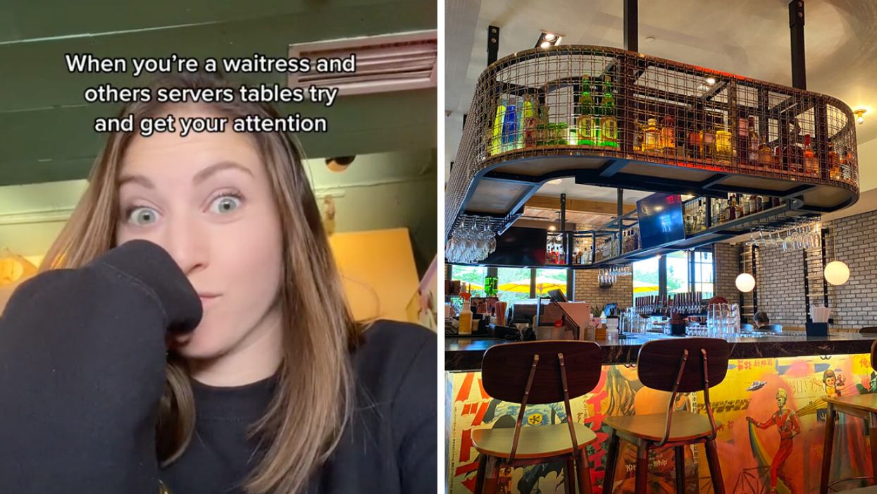 Associate Editor, Jenna Kelley, when she was a waitress. Right: A restaurant's interior.