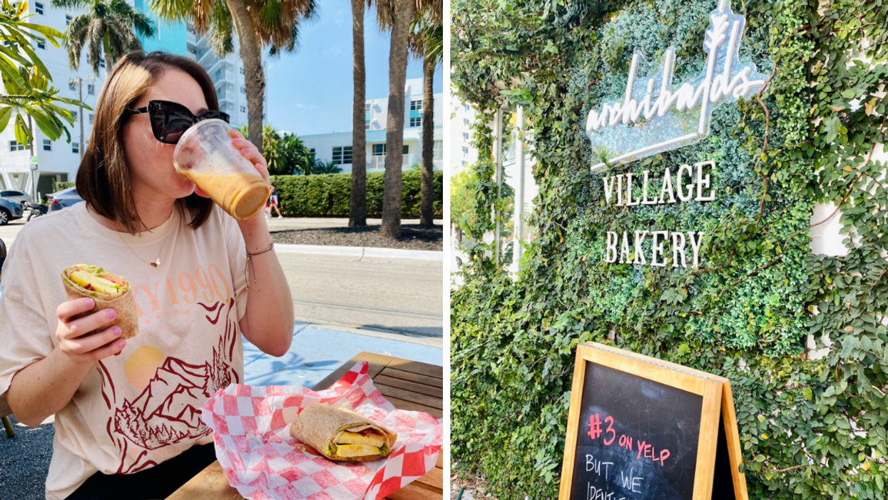 Associate Editor Jenna Kelley with a coffee cup and a breakfast wrap. Right: Archibalds Village Bakery.