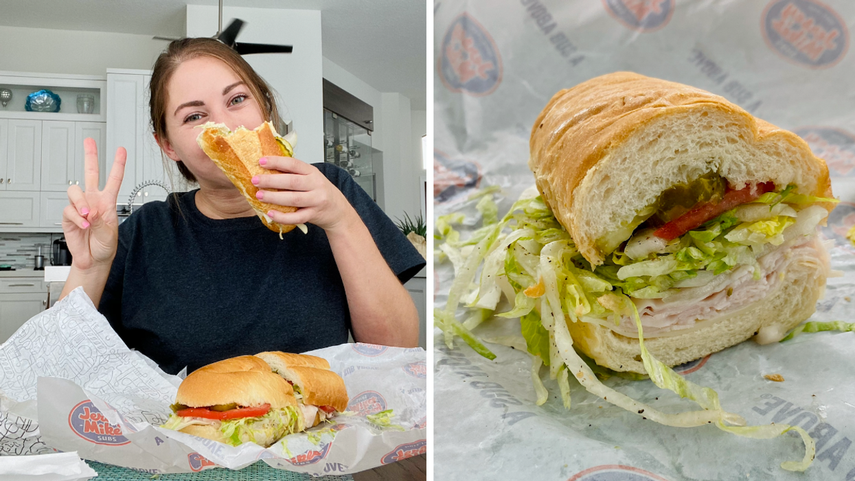 Associate Editor, Jenna Kelley, with a Publix Sub and a Jersey Mike's Sub. Right: A Jersey Mike's sub.