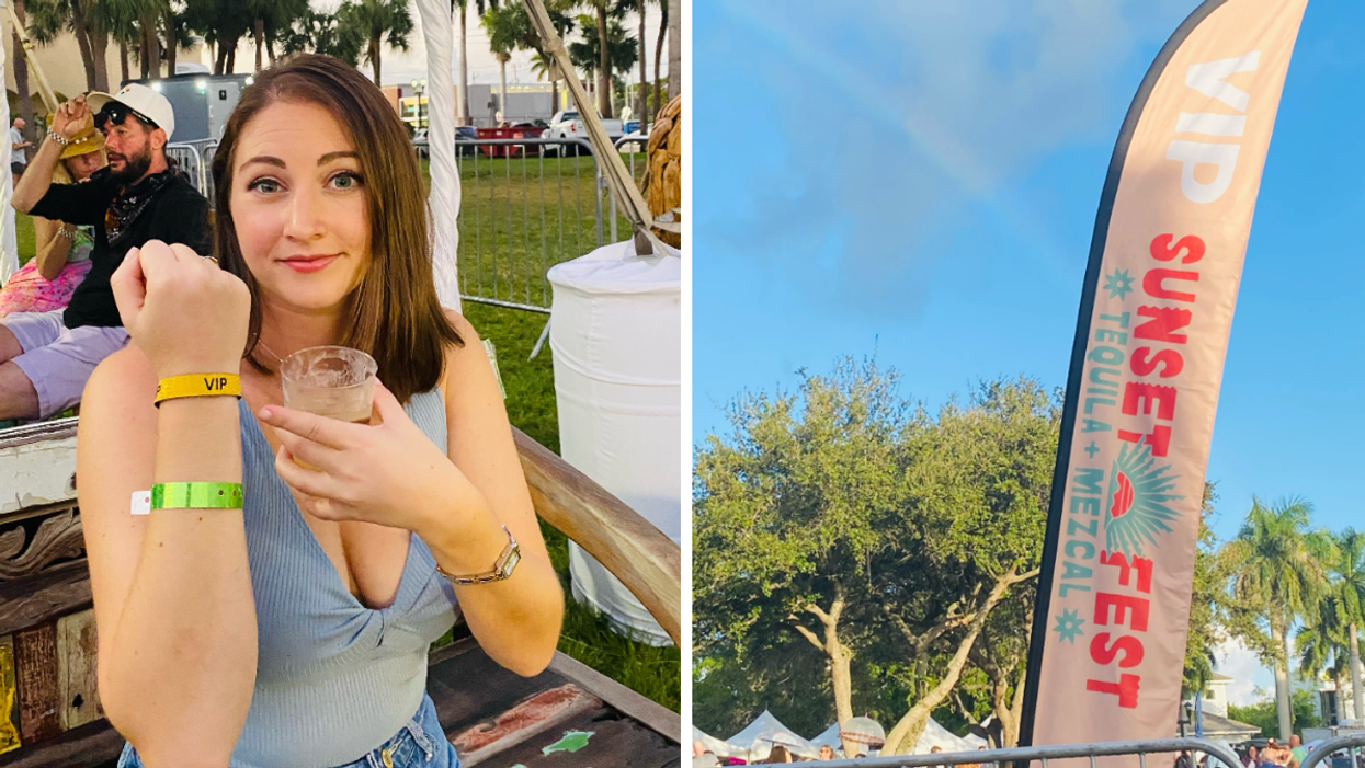 Associate Editor Jenna Kelley with a VIP wristband on. Right: The Sunset Fest VIP sign.