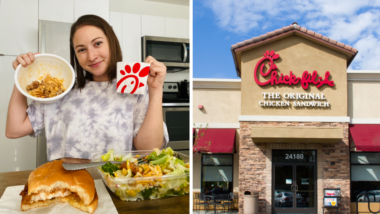Associate Editor, Jenna Kelley, with Chick-fil-A meals. Right: A Chick-fil-A.