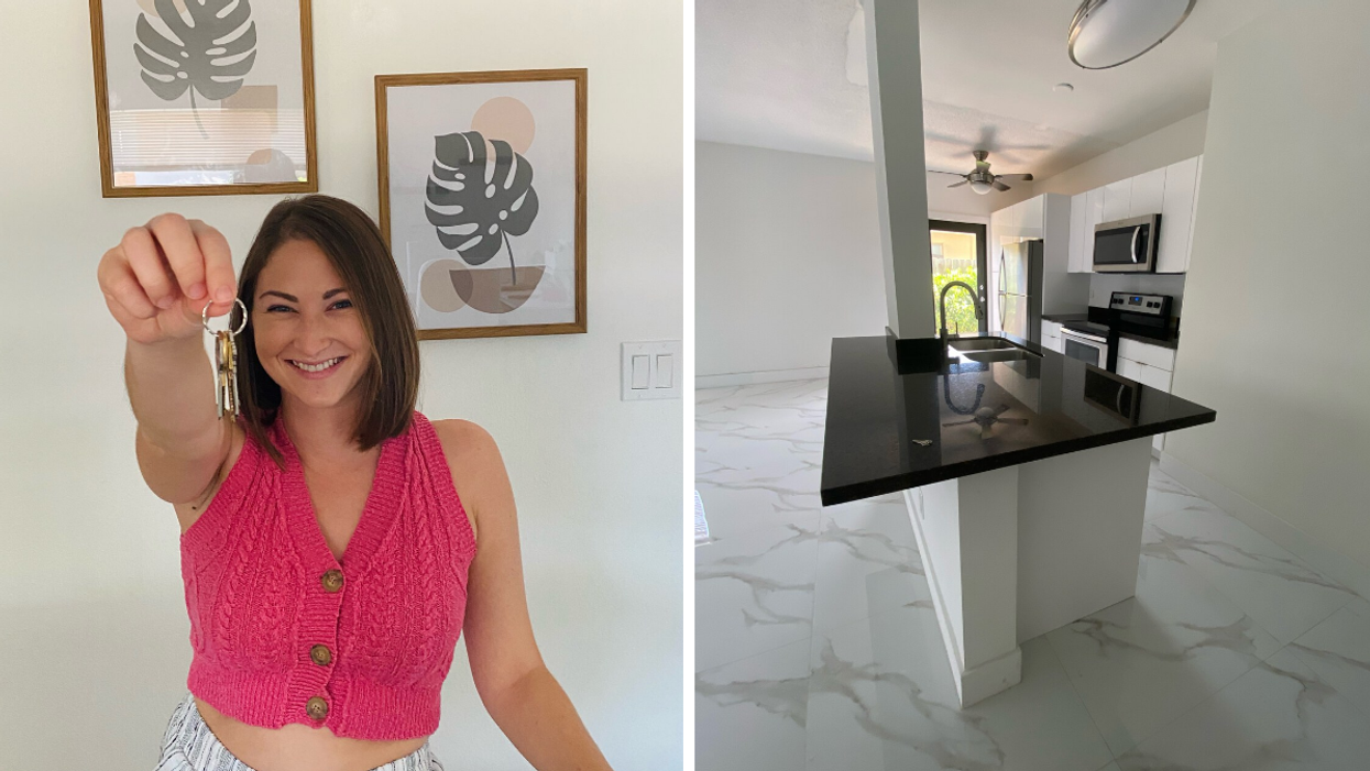 Associate Editor, Jenna Kelley with keys in her hand. Right: The interior of an apartment.