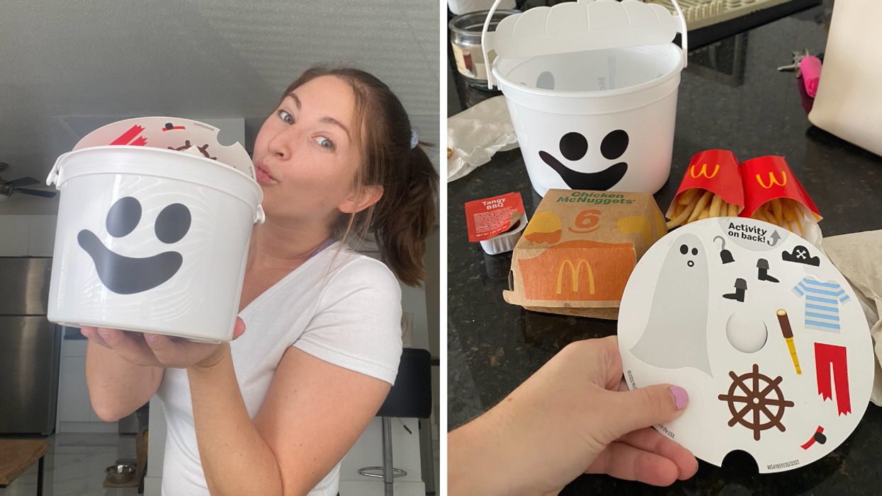 Associate Editor Jenna Kelley with the McDonald's Halloween Bucket. Right: The McDonald's Halloween Bucket.