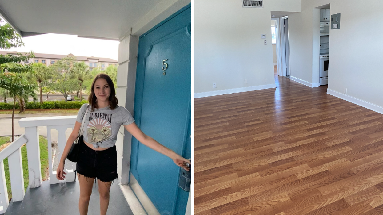 Associate Editor opening the apartment door. Right: The inside of one of the apartments.