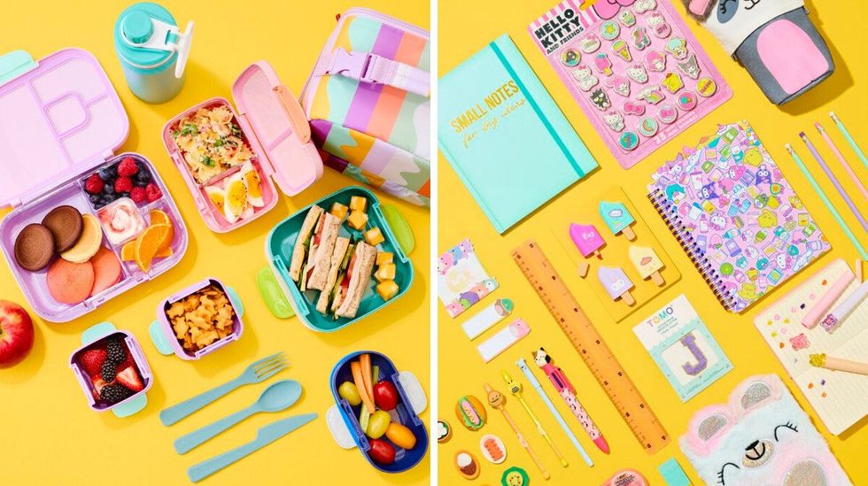 Assorted lunch boxes filled with sandwiches, fruit, snacks, and drinks on a yellow background. Right: Flat lay of notebooks, pens, rulers, stickers, and school supplies on a yellow background.
