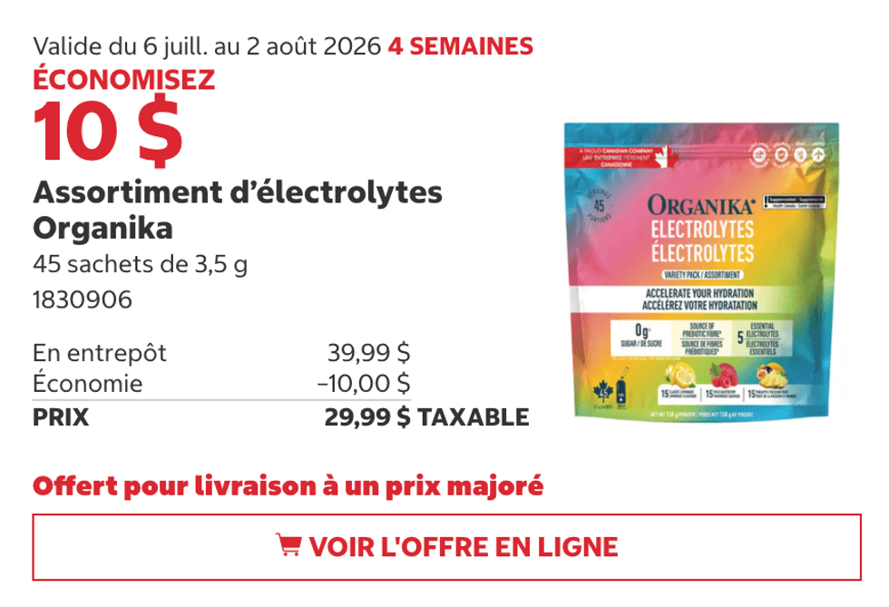 Assortiment d'\u00e9lectrolytes Organika en rabais au Costco.