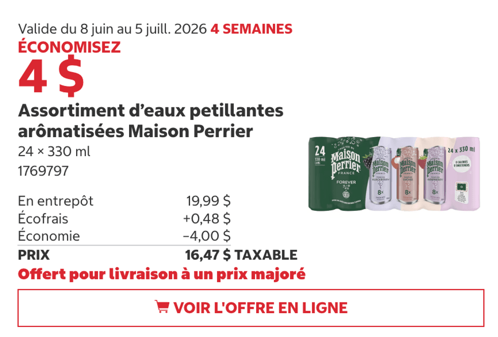 Assortiment d\u2019eaux p\u00e9tillantes aromatis\u00e9es Maison Perrier au Costco.
