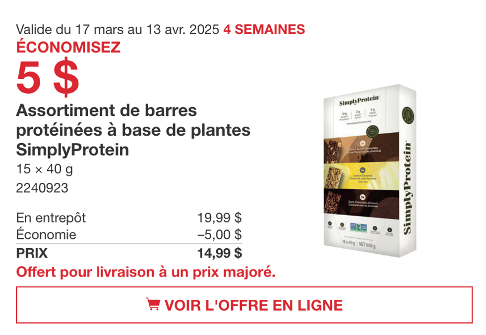 Assortiment de barres prot\u00e9in\u00e9es \u00e0 base de plantes SimplyProtein dans la circulaire du site de Costco.
