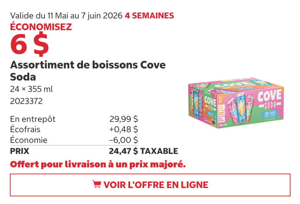 Assortiment de boissons Cove Soda (24 x 355 ml) au Costco.