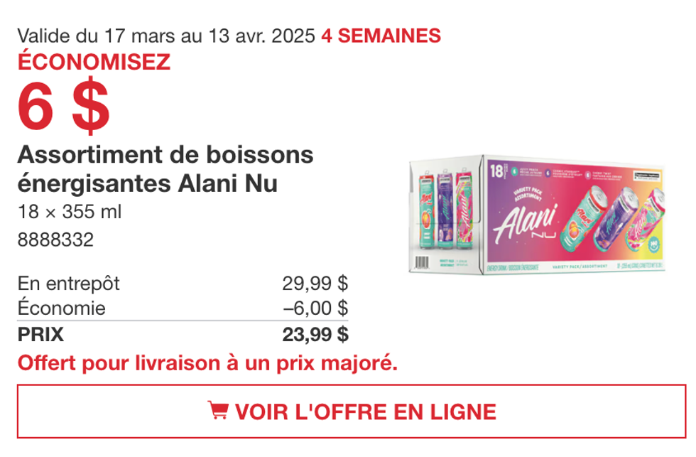 Assortiment de boissons \u00e9nergisantes Alani Nu dans la circulaire du site de Costco.