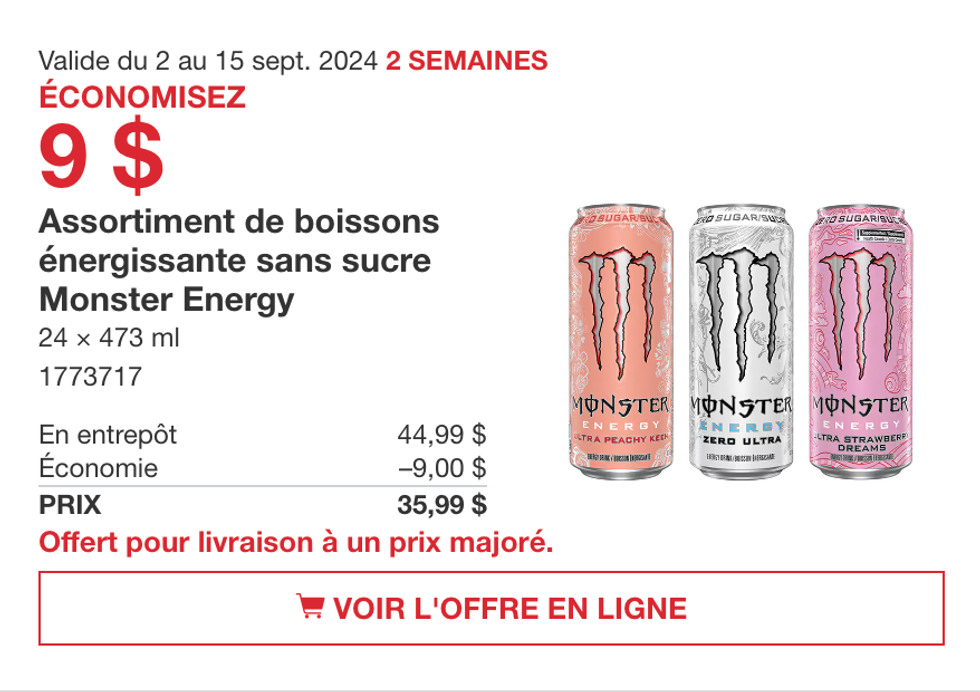 Assortiment de boissons \u00e9nergisantes sans sucre Monster Energy en rabais au Costco.