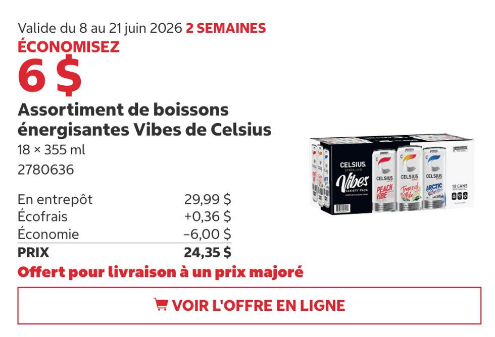 Assortiment de boissons \u00e9nergisantes Vibes Celsius au Costco.