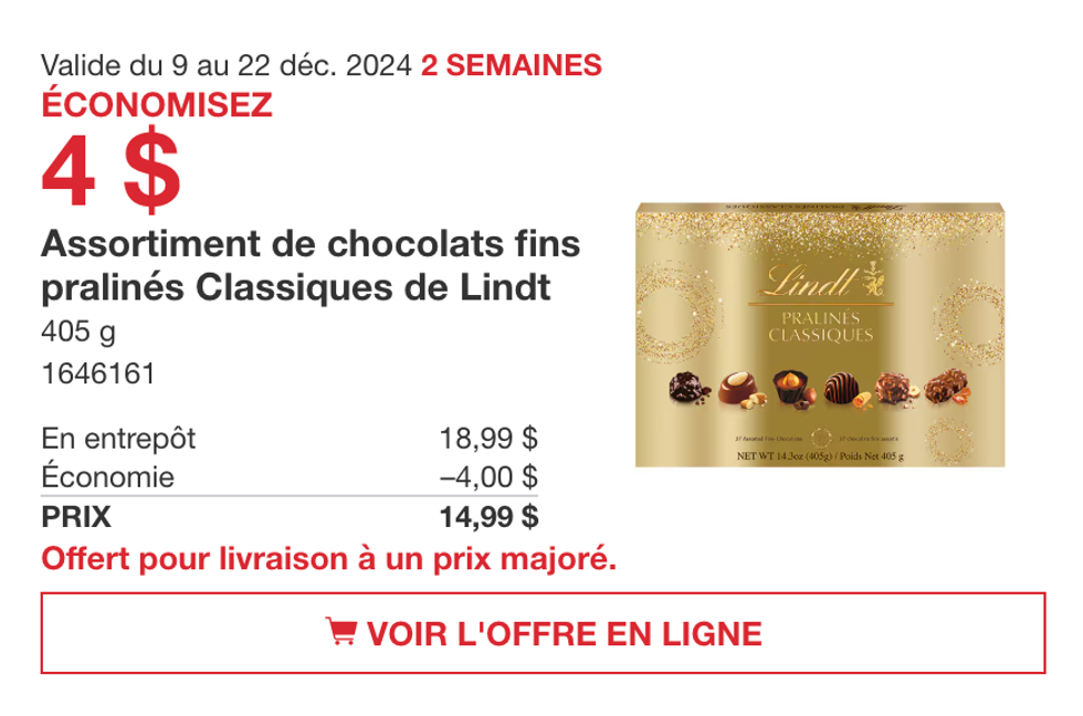 Assortiment de chocolats fins pralin\u00e9s classiques de Lindt en rabais sur le site de Costco Canada.