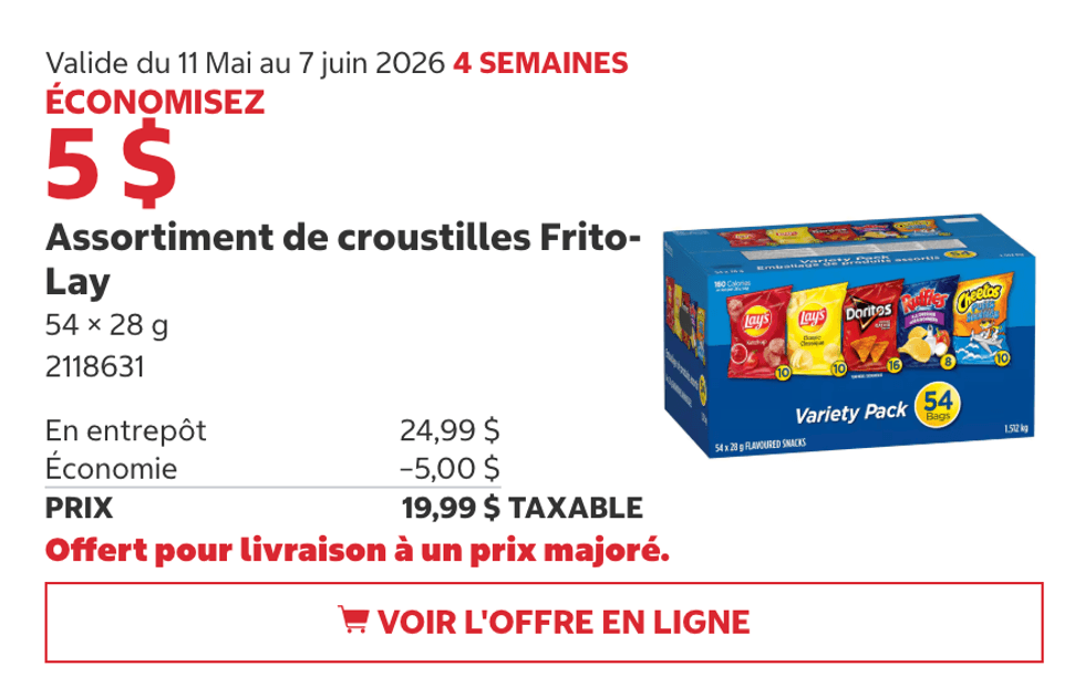 Assortiment de croustilles Frito-Lay (54 x 28 g) au Costco.