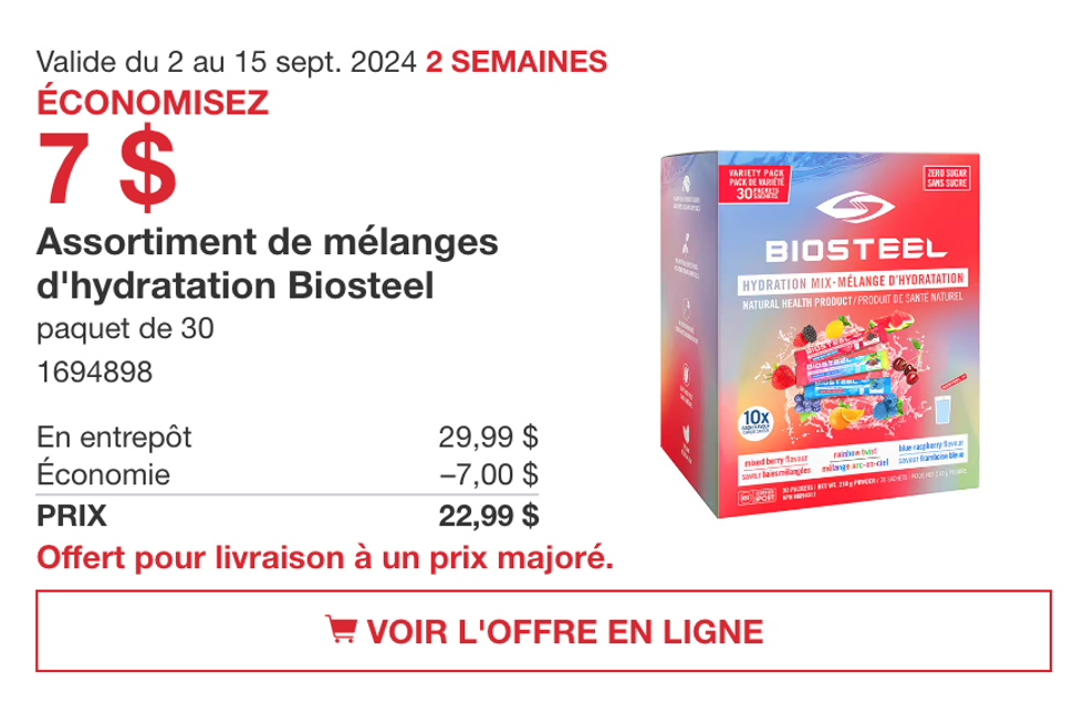 Assortiment de m\u00e9langes d'hydratation Biosteel en rabais au Costco.