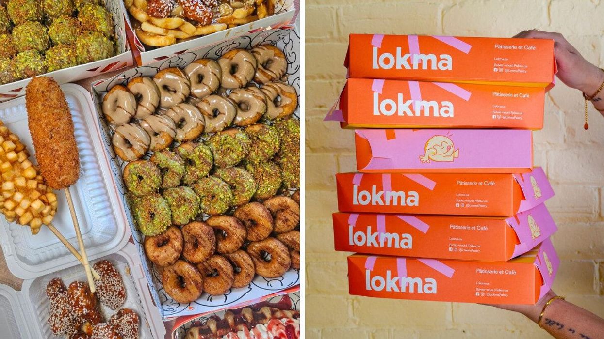 Assortment of Lokma pastries, mini donuts, and savory snacks in colourful trays. Right: Hand holding a tall stack of bright pink and orange Lokma pastry boxes against a yellow brick wall.