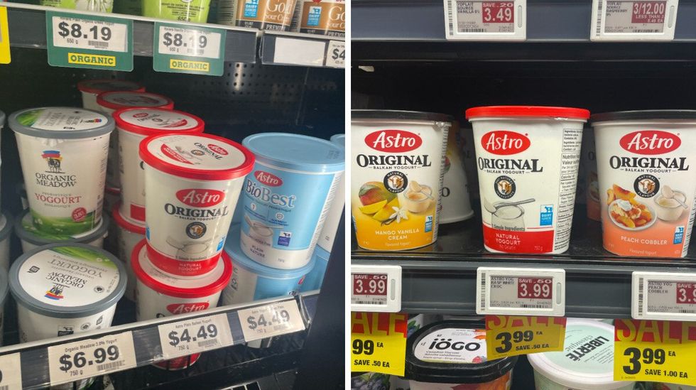 Astro Original yogurt at Farm Boy. Right: Astro Original yogurt at Loblaws.