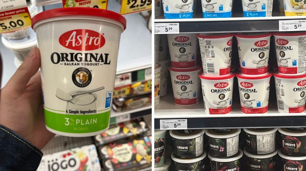 Astro Original Yogurt at Sobeys. Right: A shelf of yogurt selections at Metro