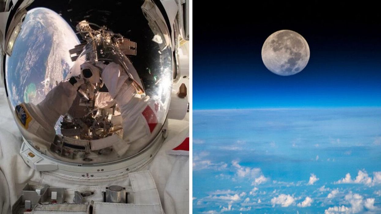 Astronaute canadien. Droite : Lune.