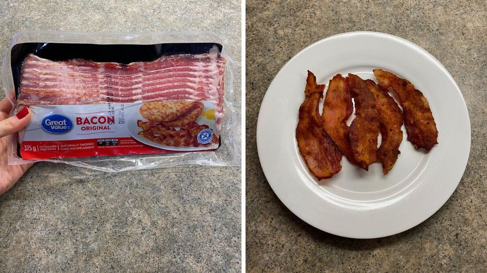 Asymina holding a pack of bacon on a kitchen counter. Right: Bacon on a plate.