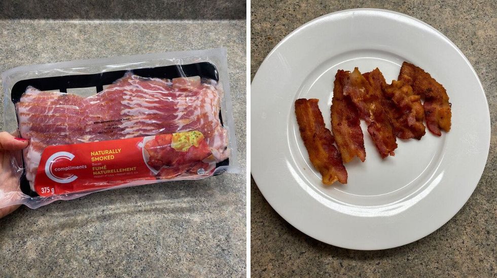 Asymina holding a pack of bacon on a kitchen counter. Right: Bacon on a plate.