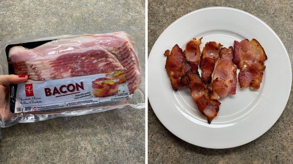 Asymina holding a pack of bacon on a kitchen counter. Right: Bacon on a plate.