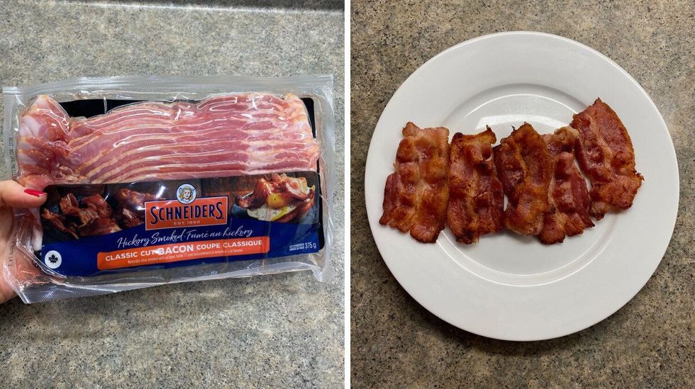 Asymina holding a pack of bacon on a kitchen counter. Right: Bacon on a plate.