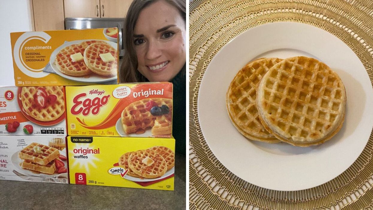 Asymina next to five boxes of frozen waffles. Right: A couple of waffles on a plate.
