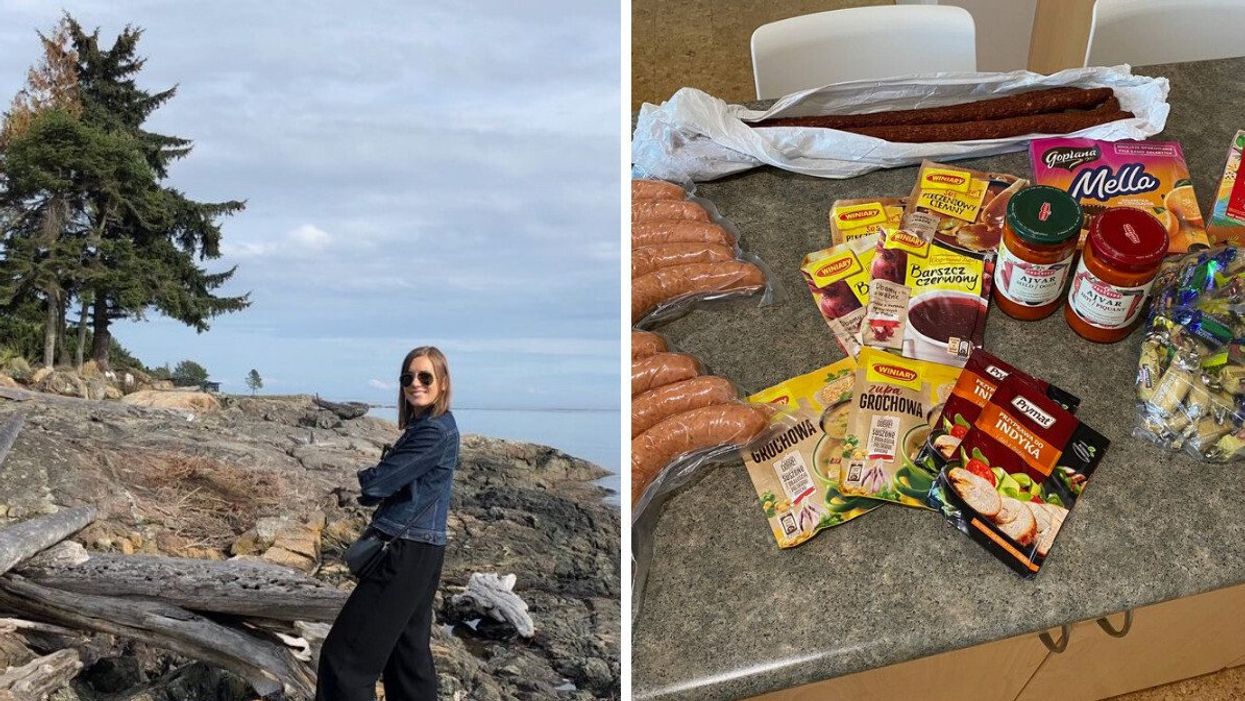 Asymina on a beach in Victoria, British Columbia. Right: A variety of Polish food items on a kitchen counter.