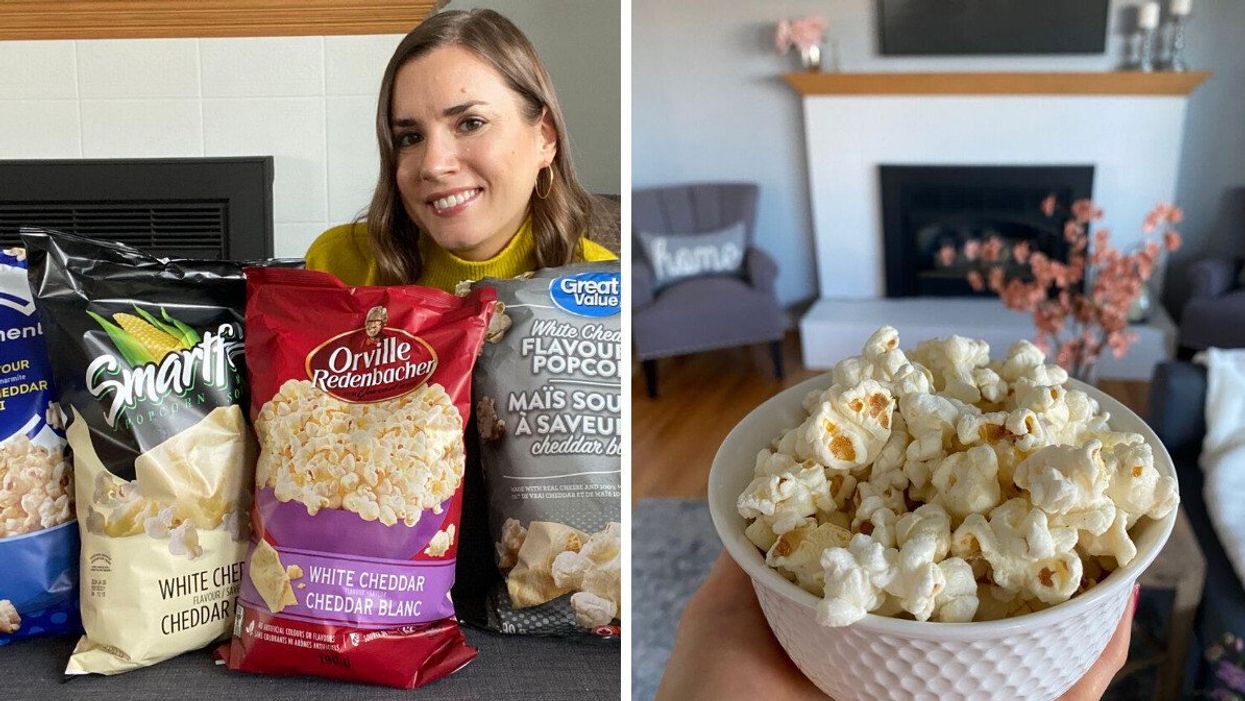 Asymina with bags of popcorn. Right: Asymina holding a bowl of popcorn.
