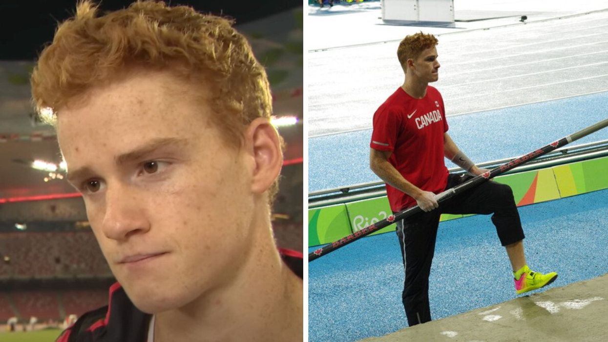 Athlete Shawn Barber looking off camera. Right: Shawn Barber holding at vaulting pole at the Rio 2016 Olympic games.