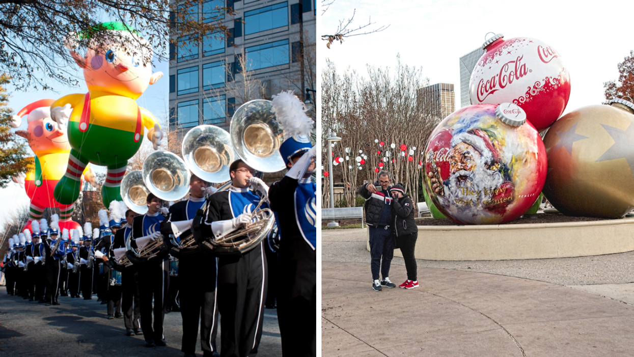 Atlanta's Christmas Parade. Right: A couple taking a selfie in front of Coca-Cola's oversized ornaments.