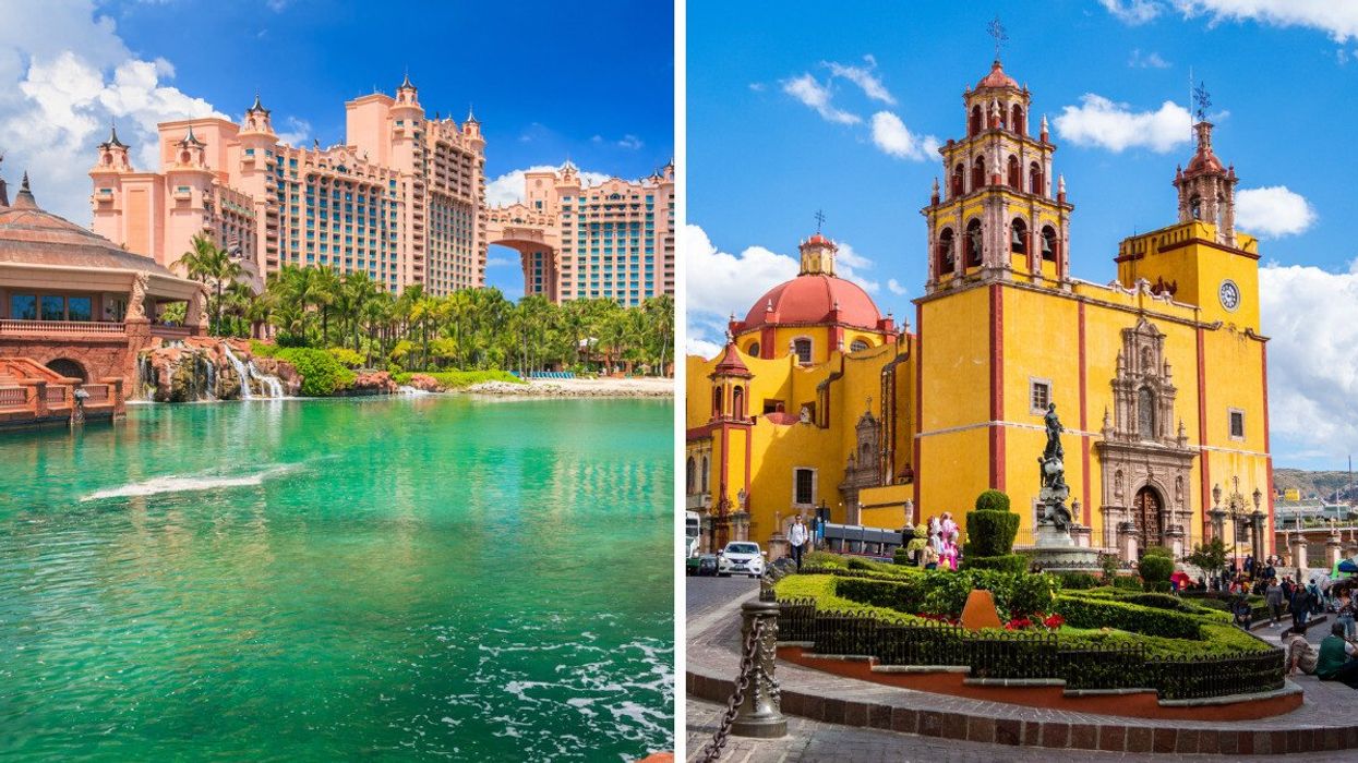 Atlantis hotel on Paradise Island in Nassau, Bahamas. Right: Basilica of Our Lady of Guanajuato and Plaza de la Paz, Guanajuato City, Mexico.