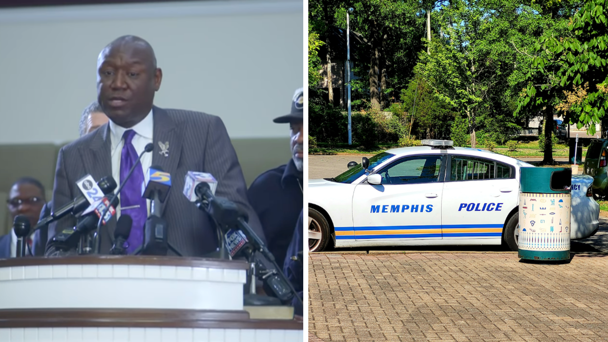Attorney Ben Crump holding a press conference with Tyre Nichols family. Right: A Memphis Police car.