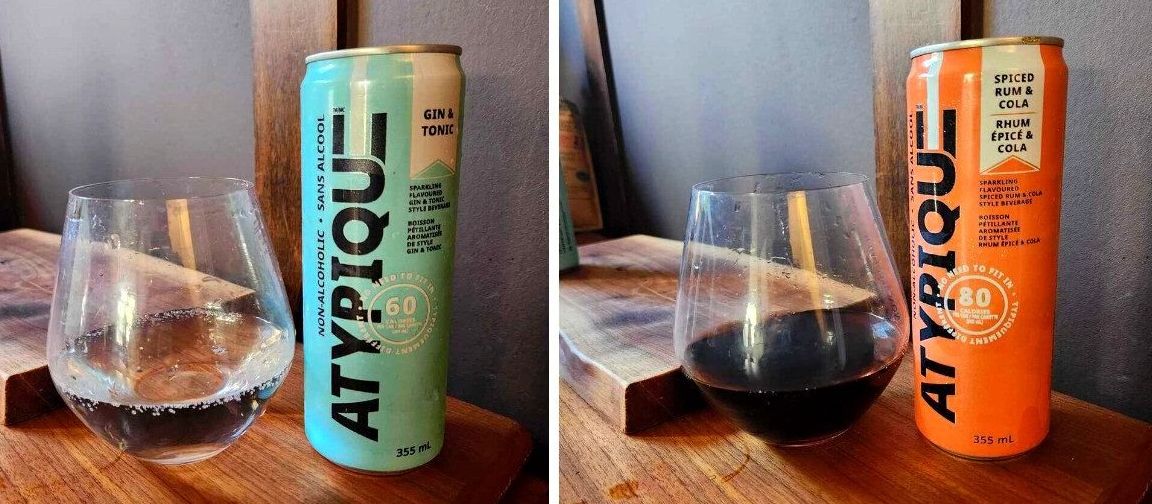 Atypique Non-Alcoholic Cocktail Gin & Tonic. Right: ATYPIQUE Non-Alcoholic Cocktail Spiced Rum & Cola.