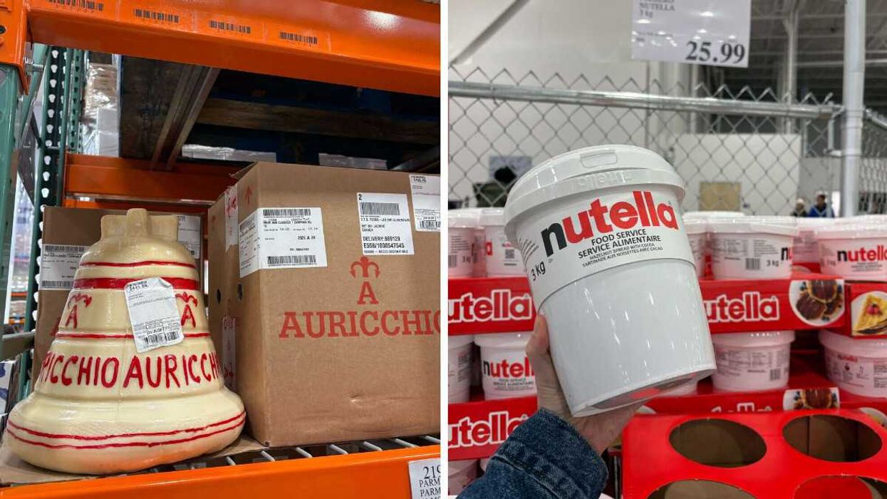 auricchio provolone shaped like a bell at costco business centre. right: person holding tub of nutella at costco business centre