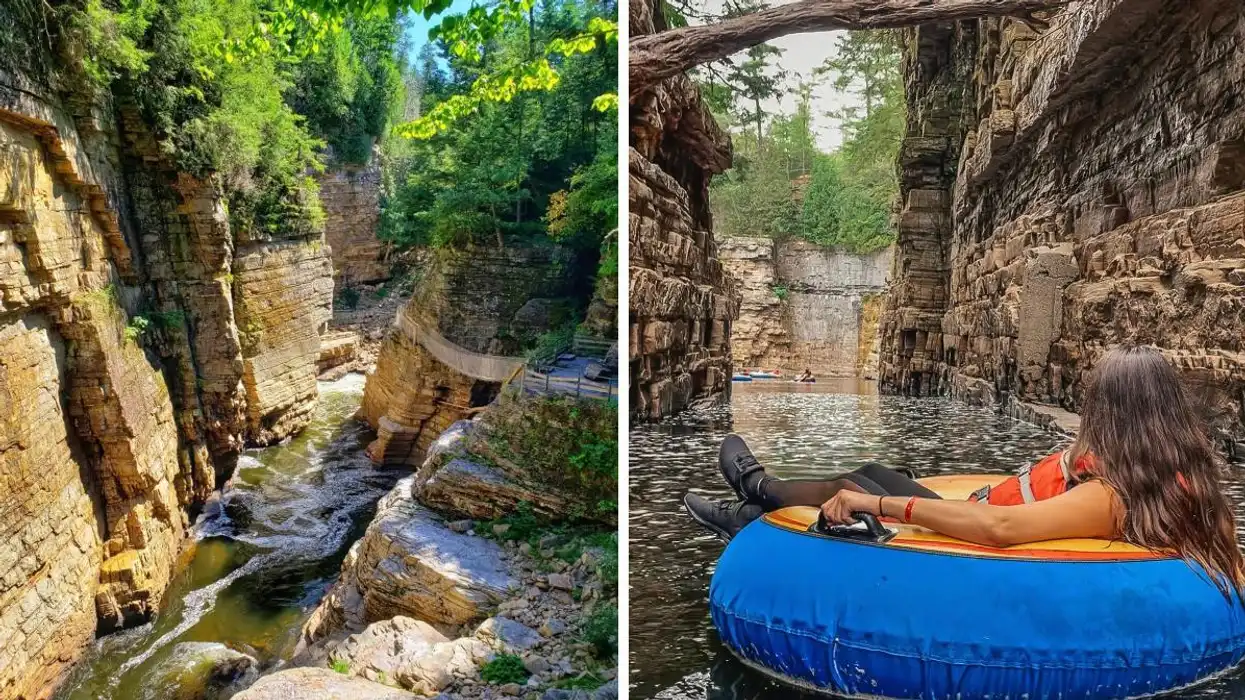 Ausable Chasm. Droite : Une personne en tube.