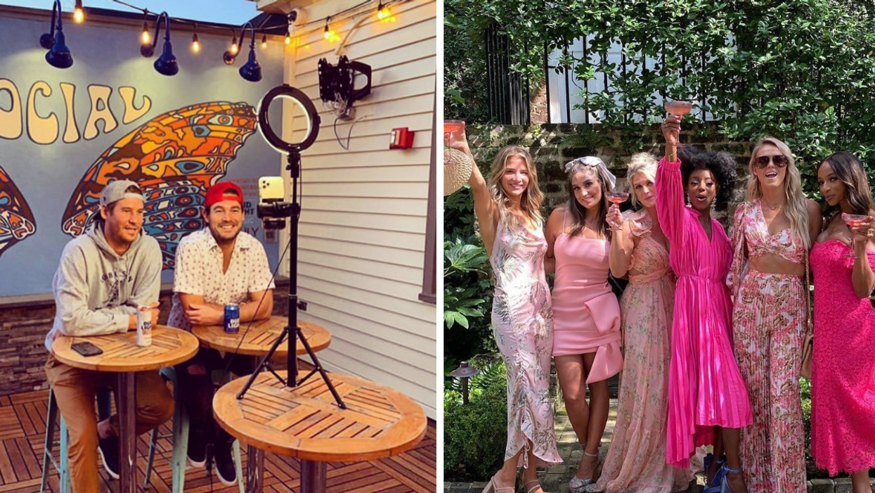 Austen Kroll and Craig Conover filming in front of the Uptown Social mural. Right: Part of the Southern Charm cast holding drinks.