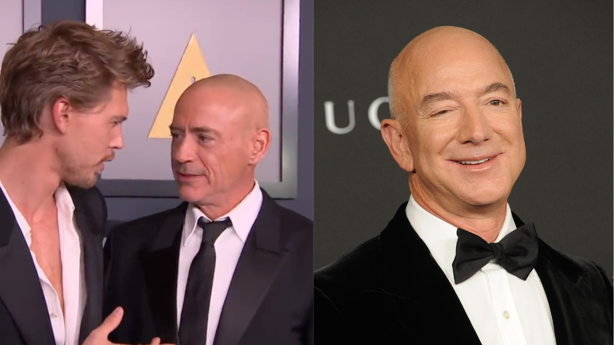 Austin Butler and Robert Downey Jr. at the Governors Awards. Right: Jeff Bezos.