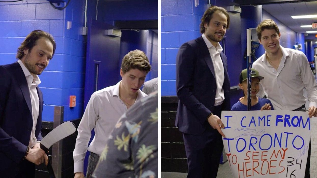 Auston Matthews and Mitch Marner meeting a fan in Tampa Bay, Florida.