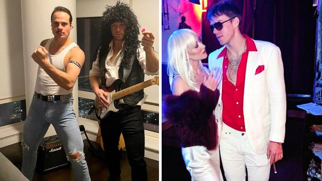 Auston Matthews and Morgan Rielly dressed up for Halloween. Right: Lauren Kyle and Connor McDavid in Halloween costumes.