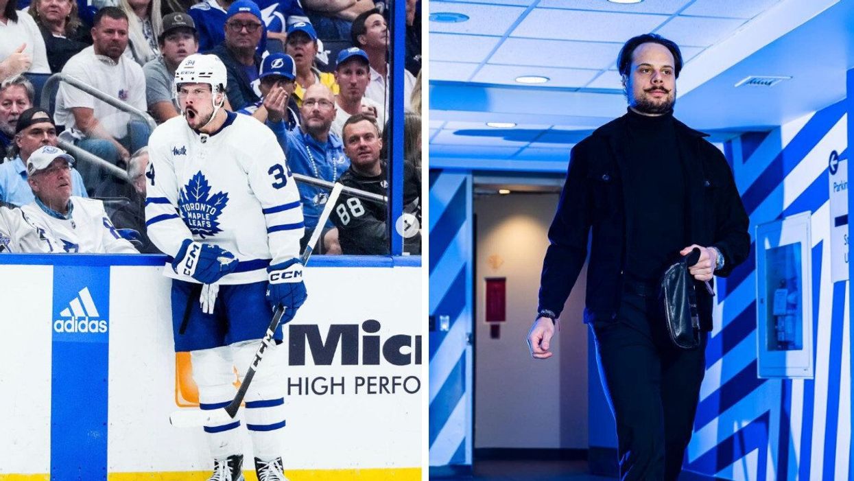 Auston Matthews celebrating a goal. Right: Auston Matthews walking to the Maple Leafs' dressing room.