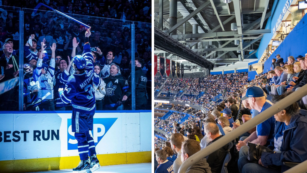 Auston Matthews giving his hockey stick to some Leafs fans. Right: Toronto Maple Leafs fans in the stands.