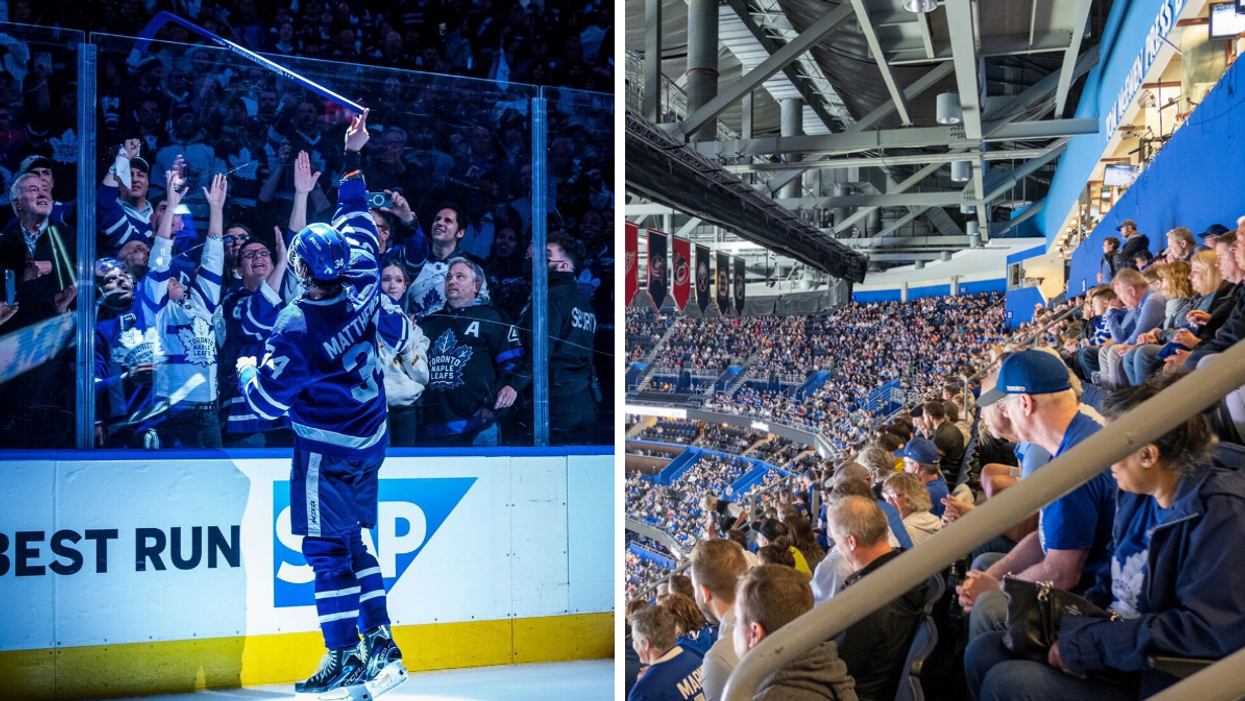 Auston Matthews giving his hockey stick to some Leafs fans. Right: Toronto Maple Leafs fans in the stands.