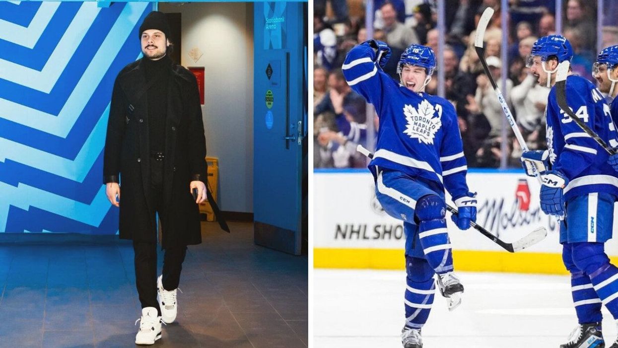 Auston Matthews in a peacoat. Right: Mitch Marner celebrating.