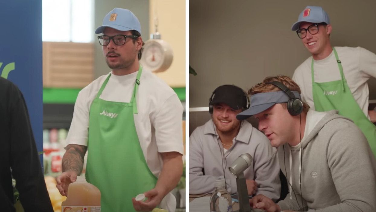 Auston Matthews pranking customers at Sobeys. Right: William Nylander, Morgan Rielly and Mitch Marner pranking customers at Sobeys.