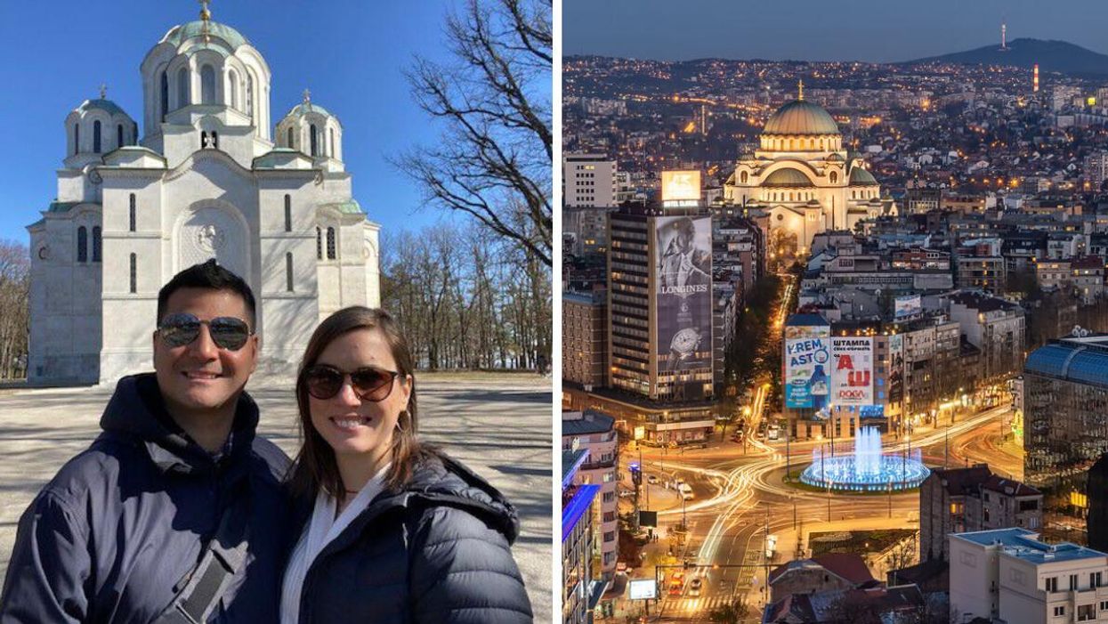 Author Asymina Kantorowicz and her partner in Serbia. Right: Panorama of Belgrade at night.