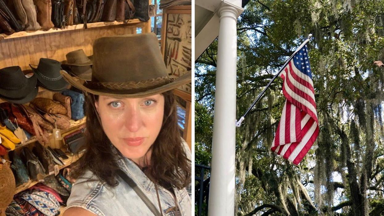 Author wearing a hat. Right: American flag in Savannah, GA.