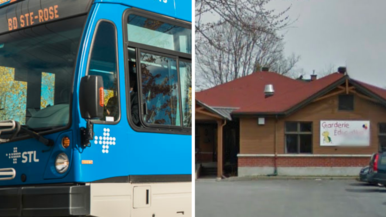 Autobus de la Société de transport de Laval. Droite : Garderie éducative Sainte-Rose.